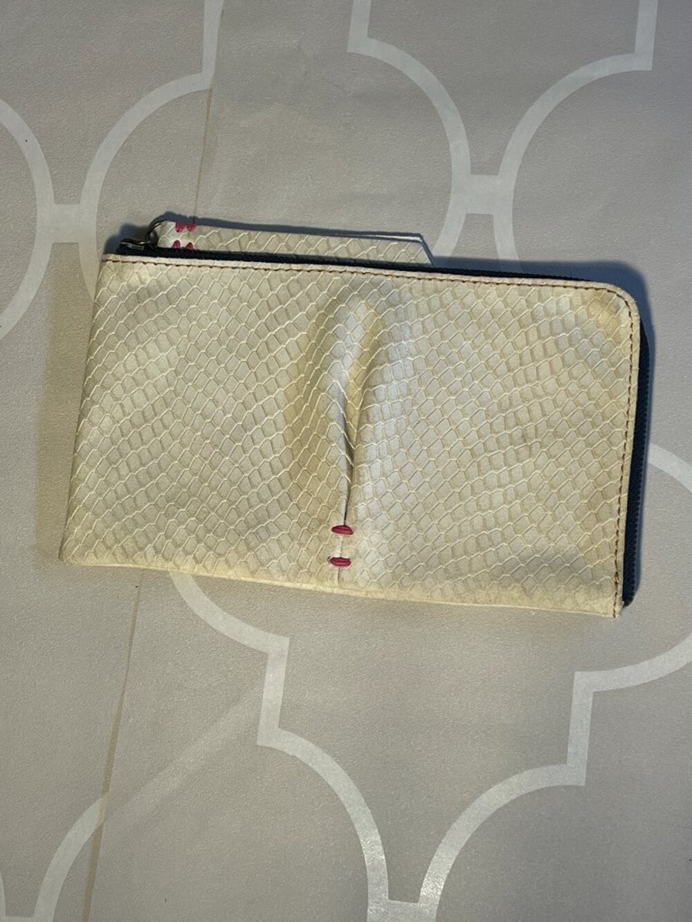 49 Square Miles Beige Reptile-Embossed Leather Zipper Pouch Clutch